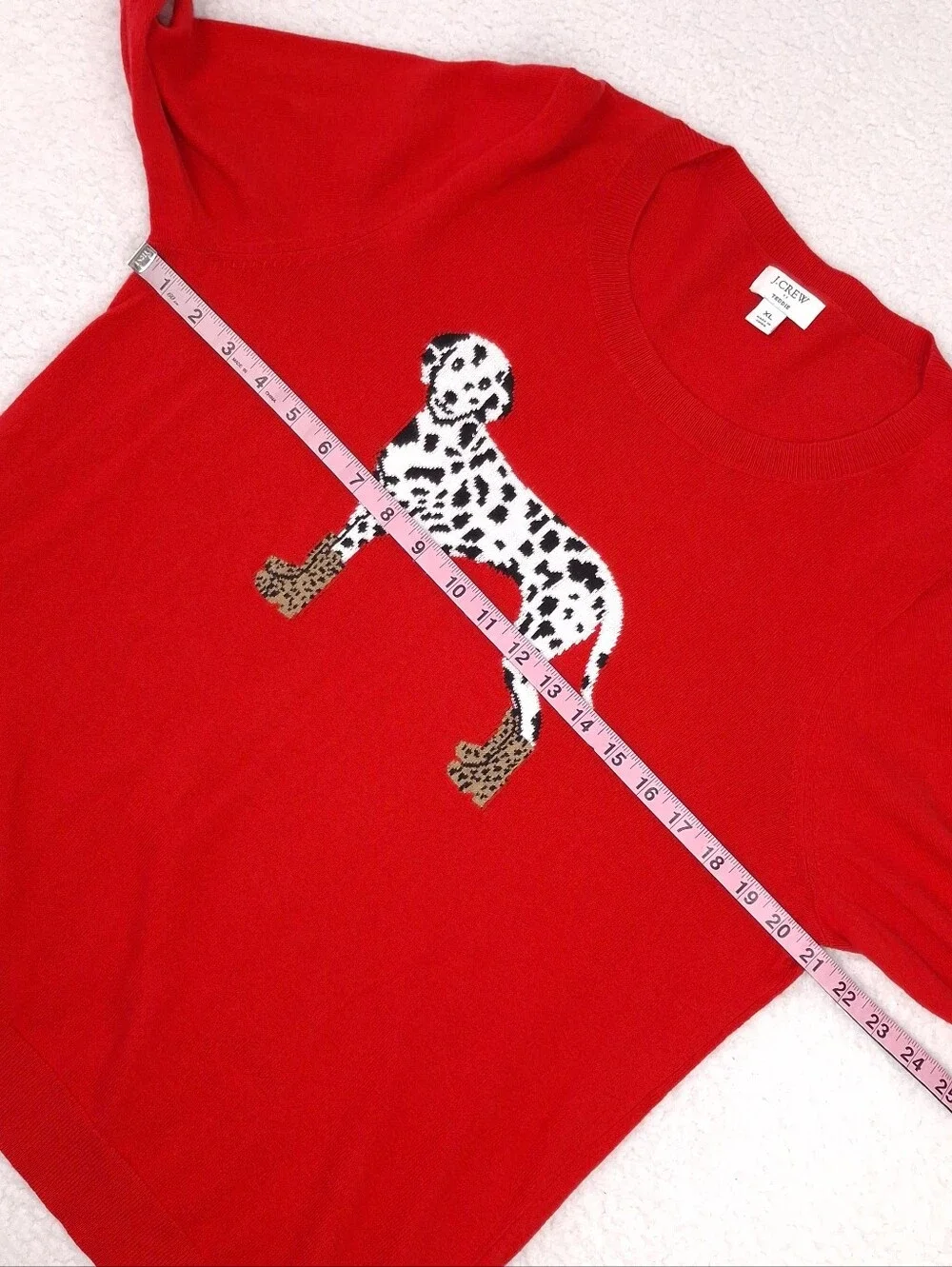 J. Crew Dalmatian Teddie Sweater cotton dog novelty quirky preppy slim fit red